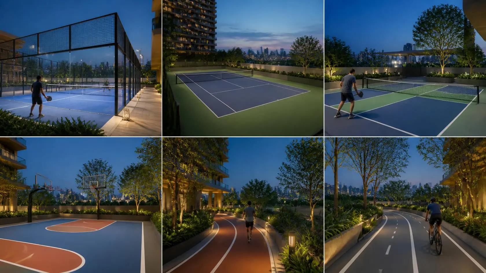 Sport amenities at Brigade Barcelona — padel, tennis, pickleball, basketball, jogging and cycling